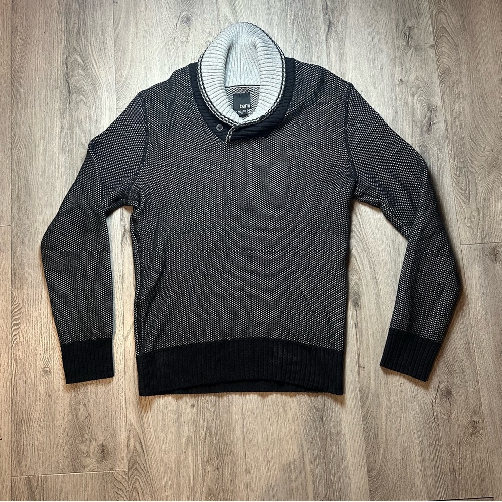 Bar III Sweater Mens Small Black‎ Gray Shawl Collar Birds Eye Knit Pullover